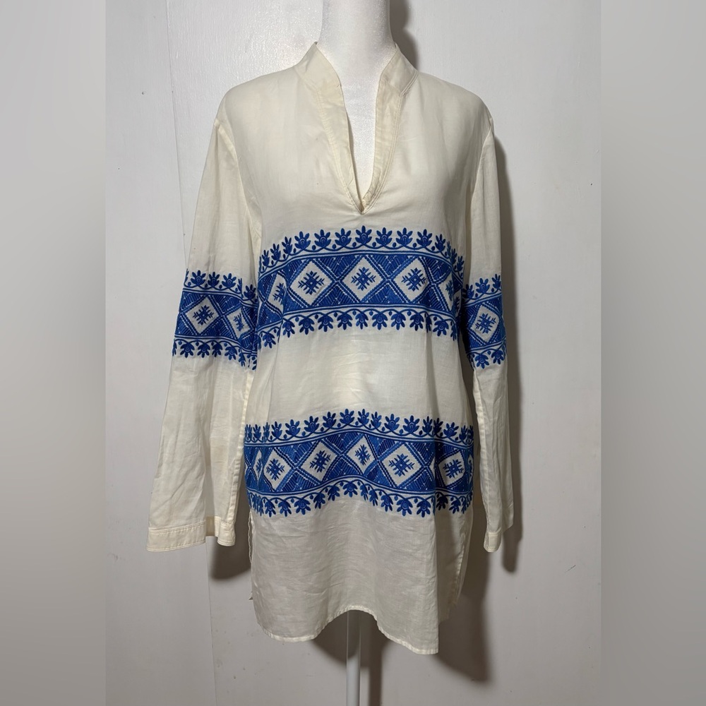 Tory Burch Stephanie Cream and Blue Tunic Blouse Size S/P